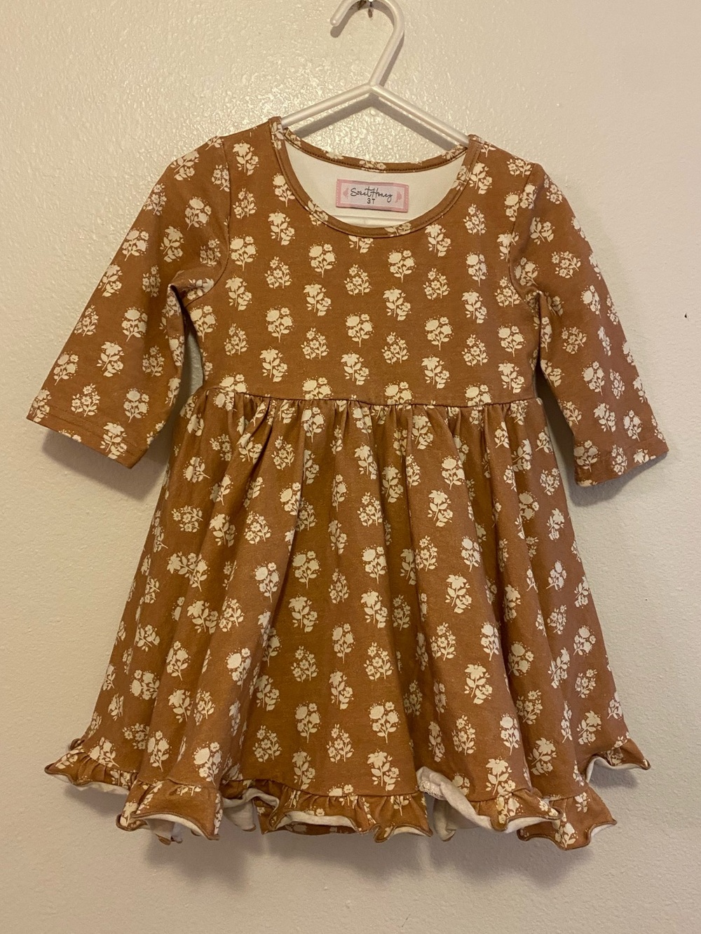 SweetHoney Brown Floral Ruffle Hem Dress